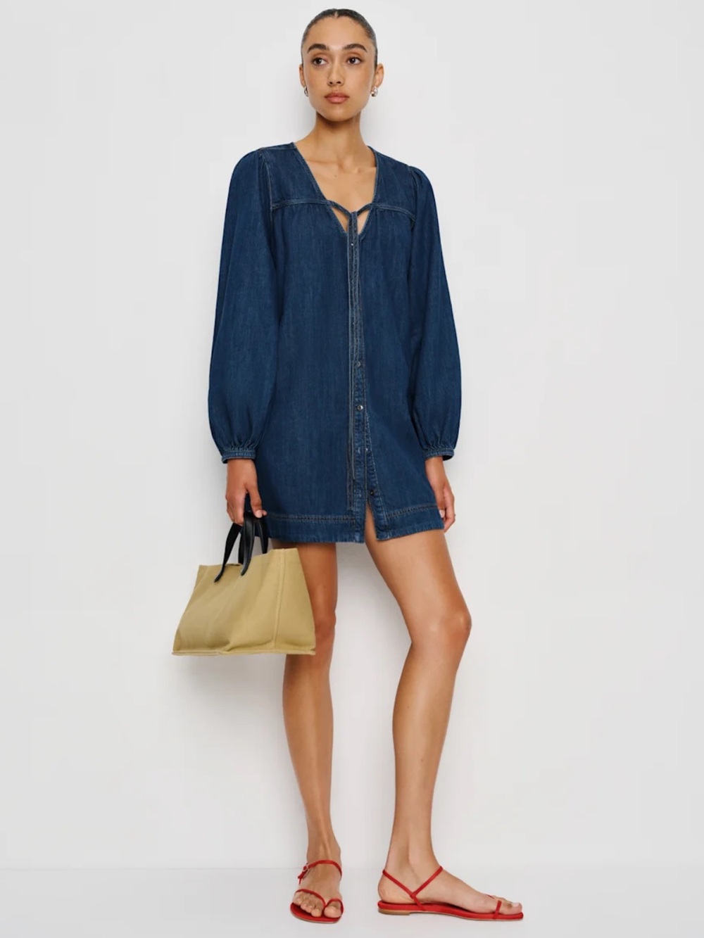 Reformation Elowen Denim Mini Dress Size Large NWT Organic Cotton Puff Sleeve